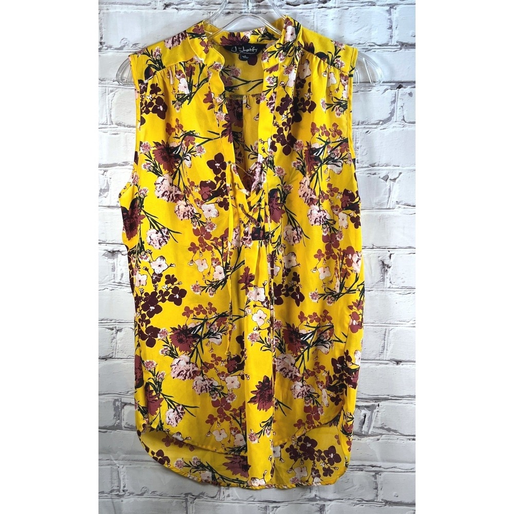 J for Justify Floral Blouse Womens L Yellow Lace Up V-Neck Boho Sleeveless Top